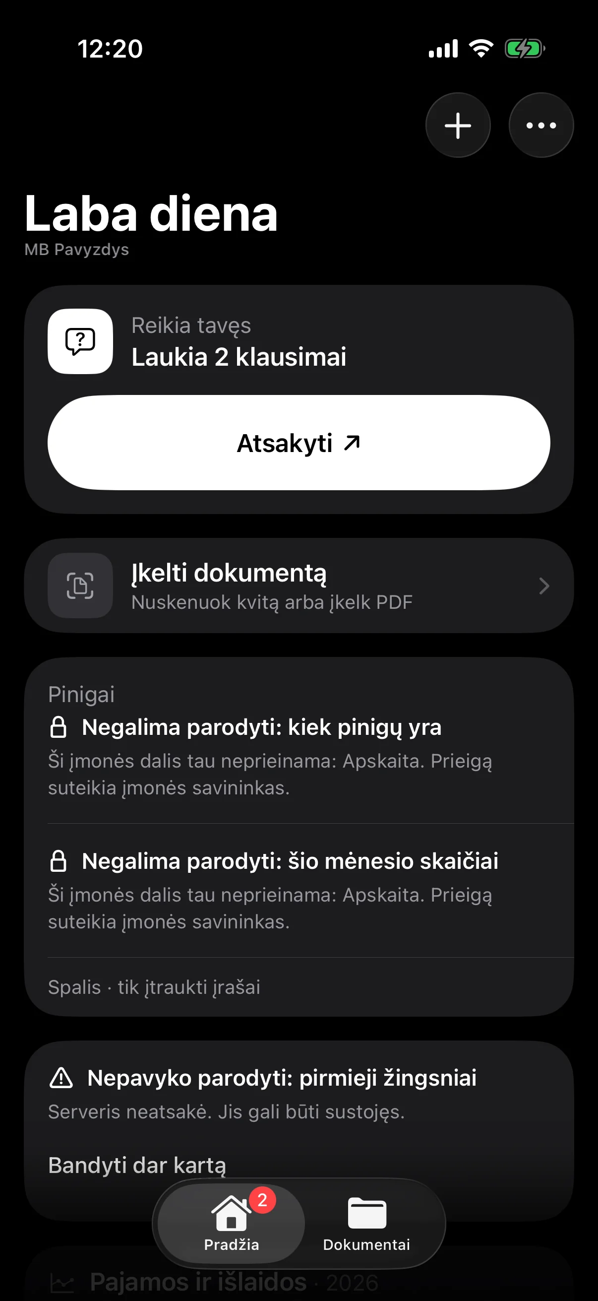 Home screen for someone without access to accounting: two locked blocks that say which area is closed and who grants access, a block that failed to load with a retry, and only two tabs