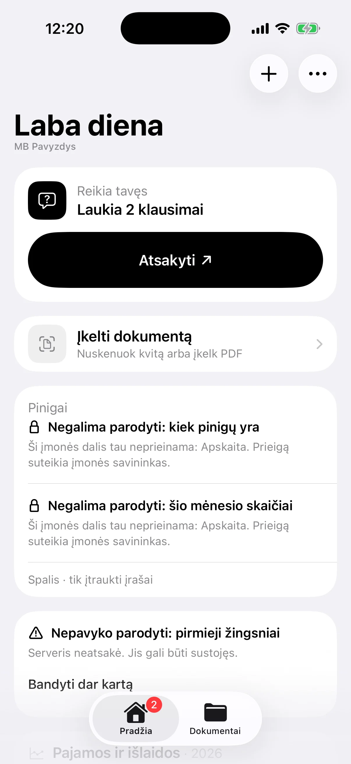 Home screen for someone without access to accounting: two locked blocks that say which area is closed and who grants access, a block that failed to load with a retry, and only two tabs
