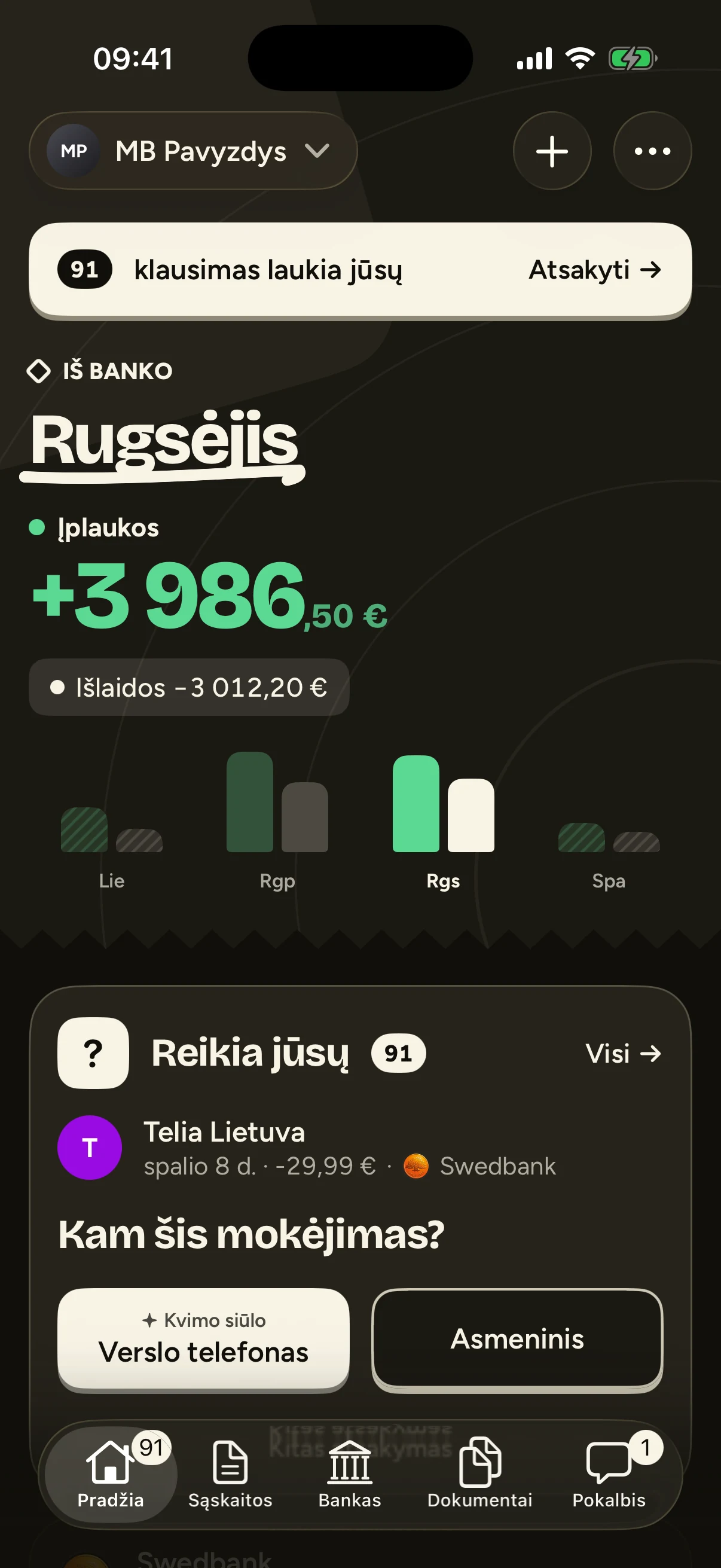 Kvimo on iPhone: September income and spending, a card with waiting questions, and bank balances, for a demo company