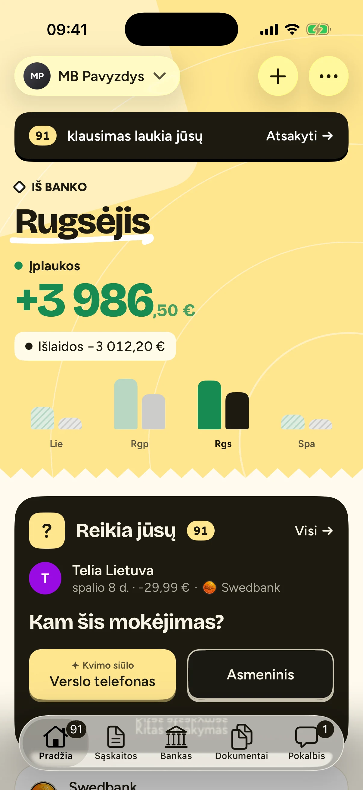 Kvimo on iPhone: September income and spending, a card with waiting questions, and bank balances, for a demo company