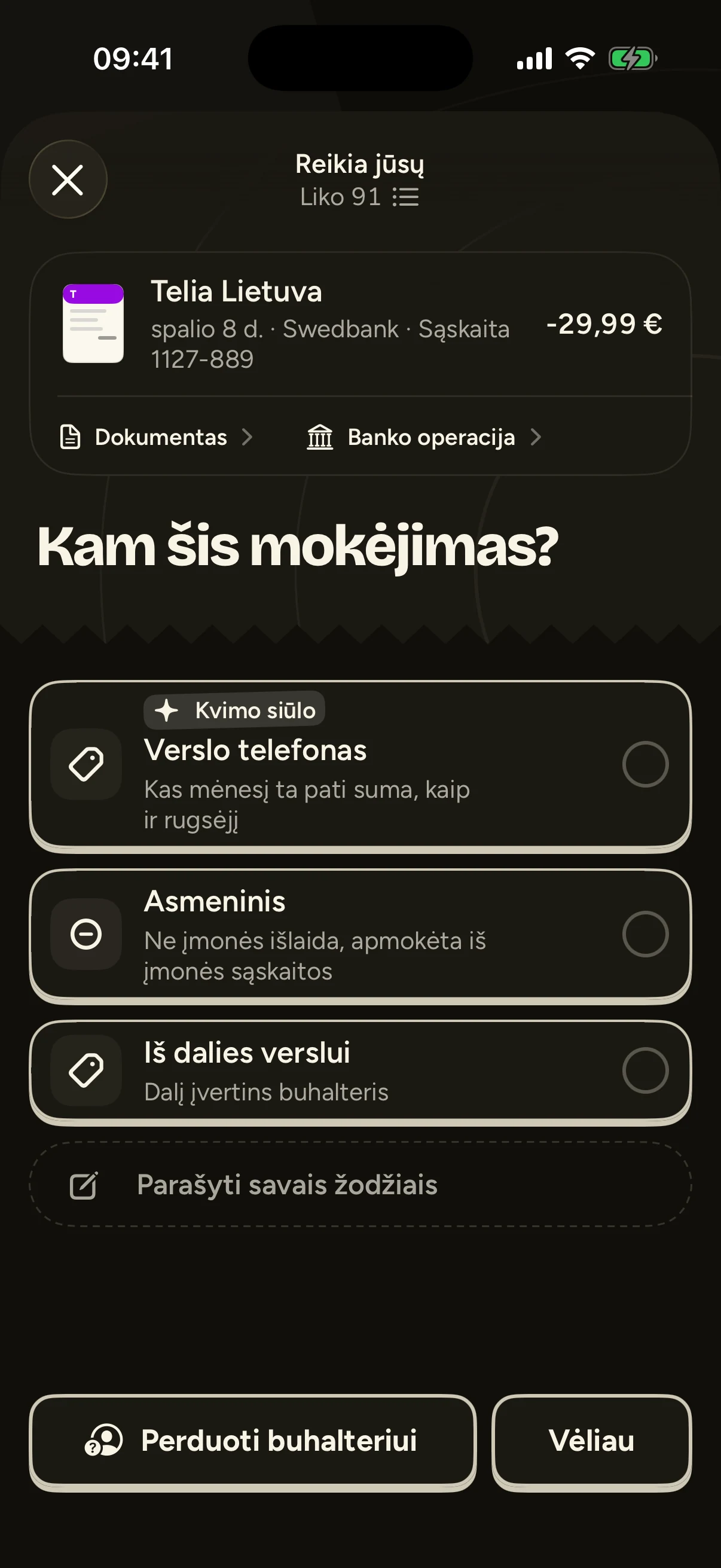 The same kind of question on iPhone: what is this payment for, with a suggested answer and a button to hand it to the accountant