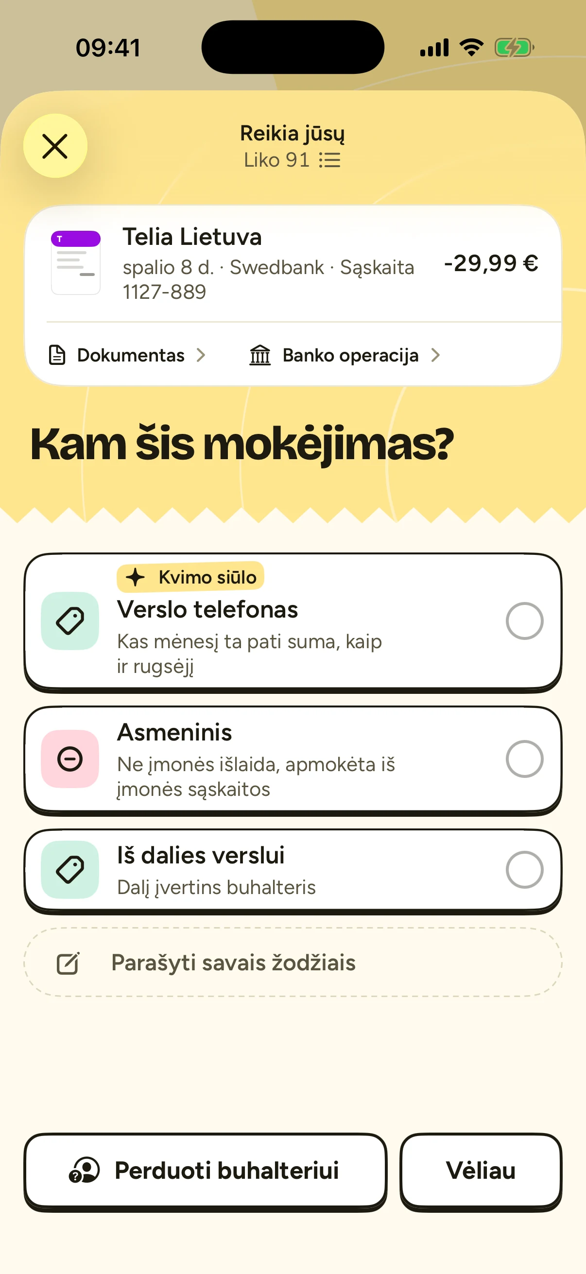 The same kind of question on iPhone: what is this payment for, with a suggested answer and a button to hand it to the accountant