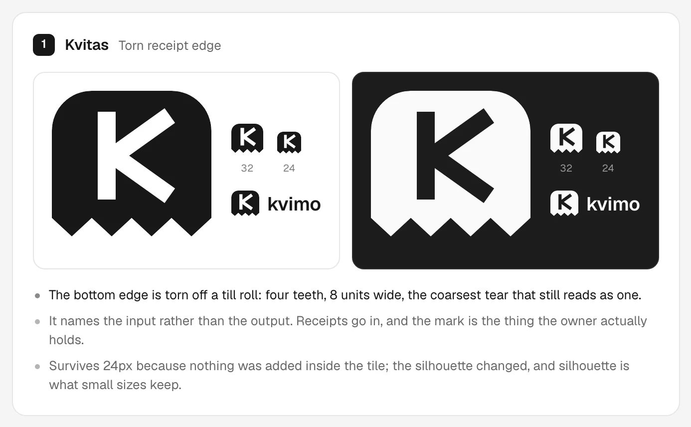 The chosen Kvimo mark, Kvitas: a K tile whose bottom edge is a torn receipt, in light and dark