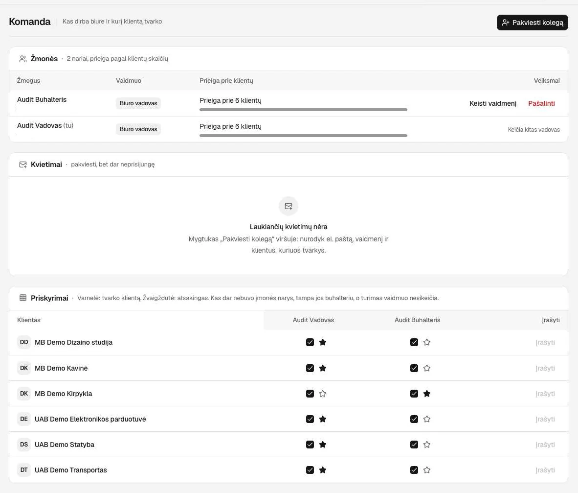 An accounting office's team screen: people, their role, how many clients each can access, and who is responsible for each client