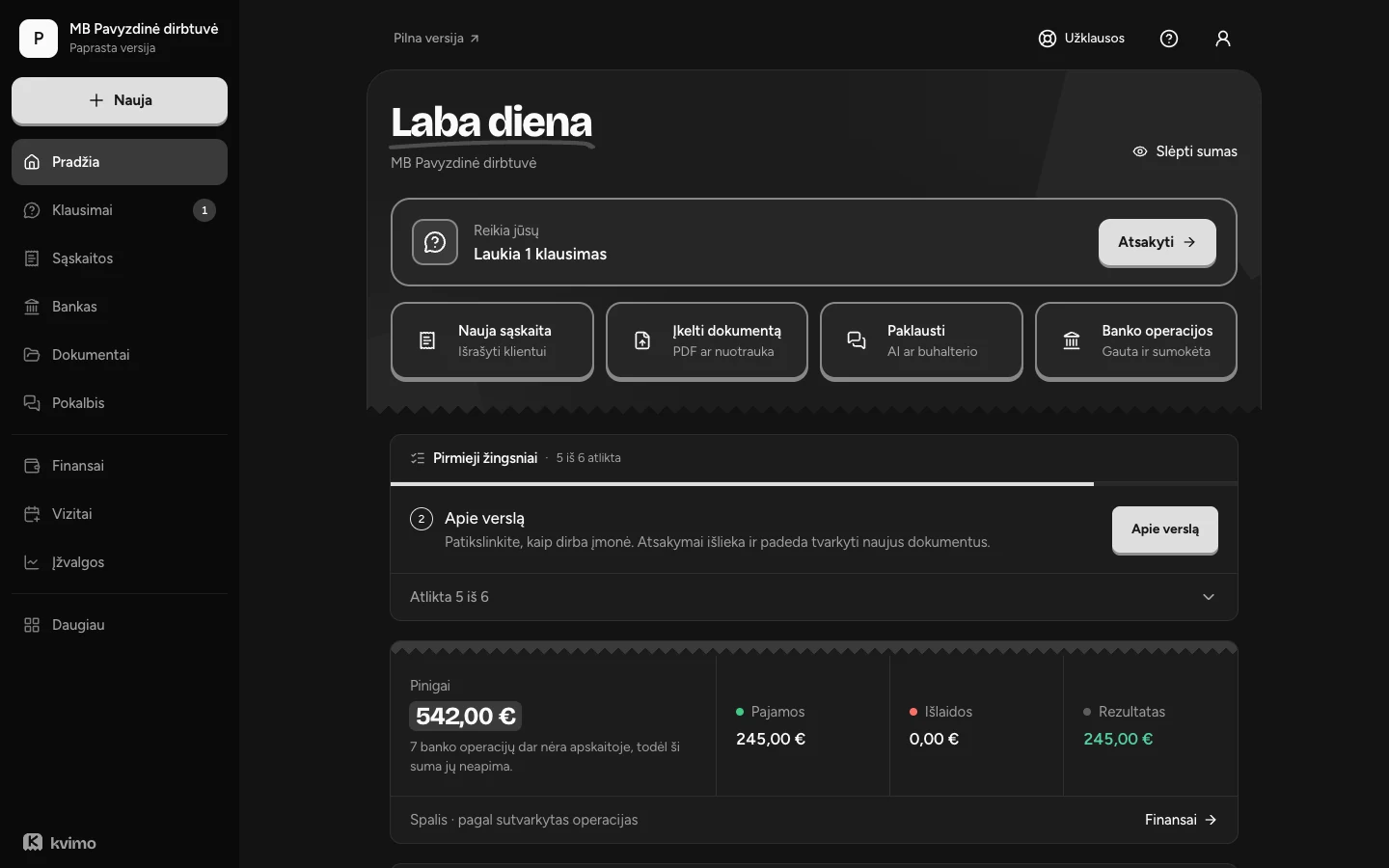 Kvimo on the web: a greeting, one waiting question, four large actions and the month's money in plain words, for a demo company