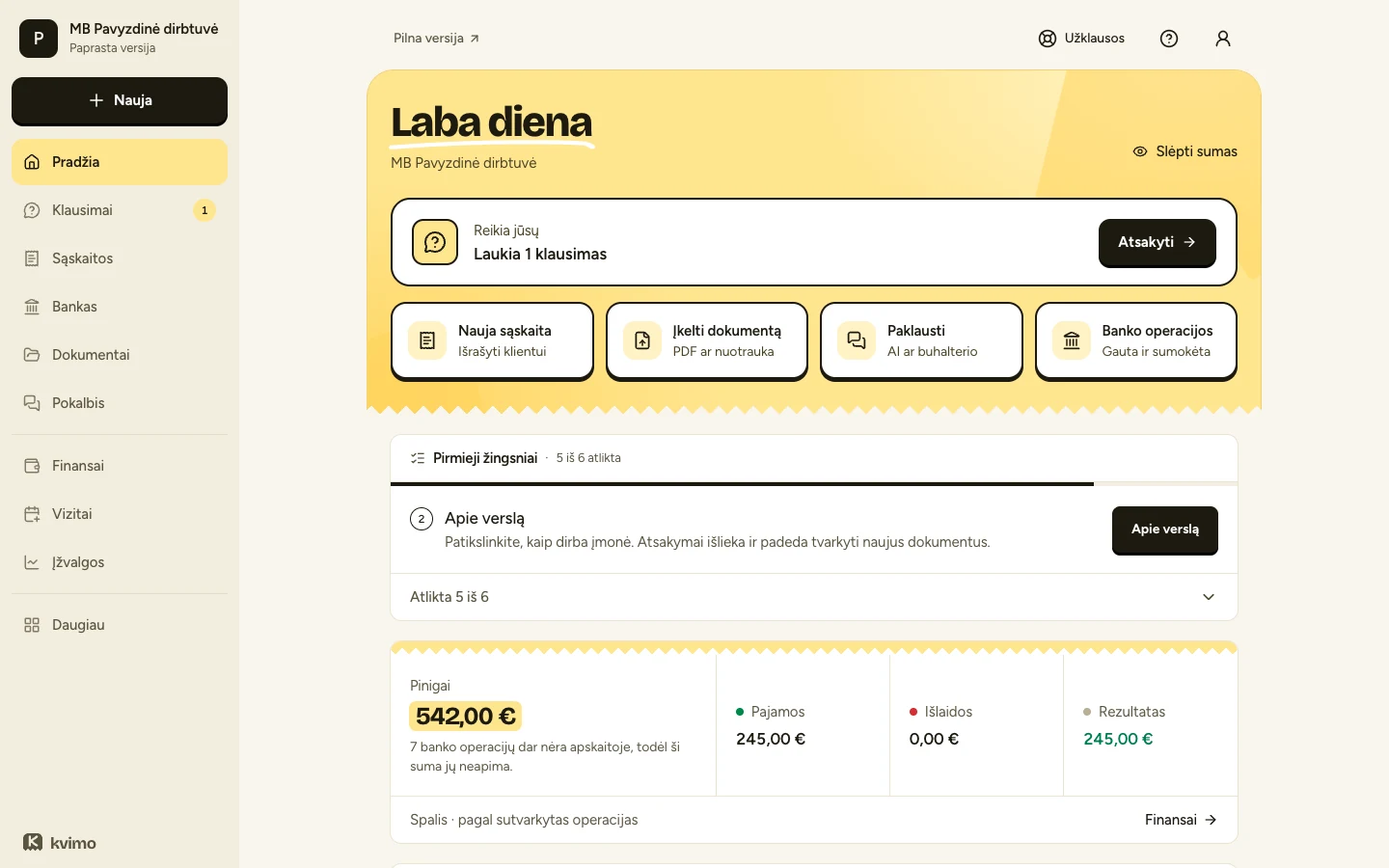 Kvimo on the web: a greeting, one waiting question, four large actions and the month's money in plain words, for a demo company
