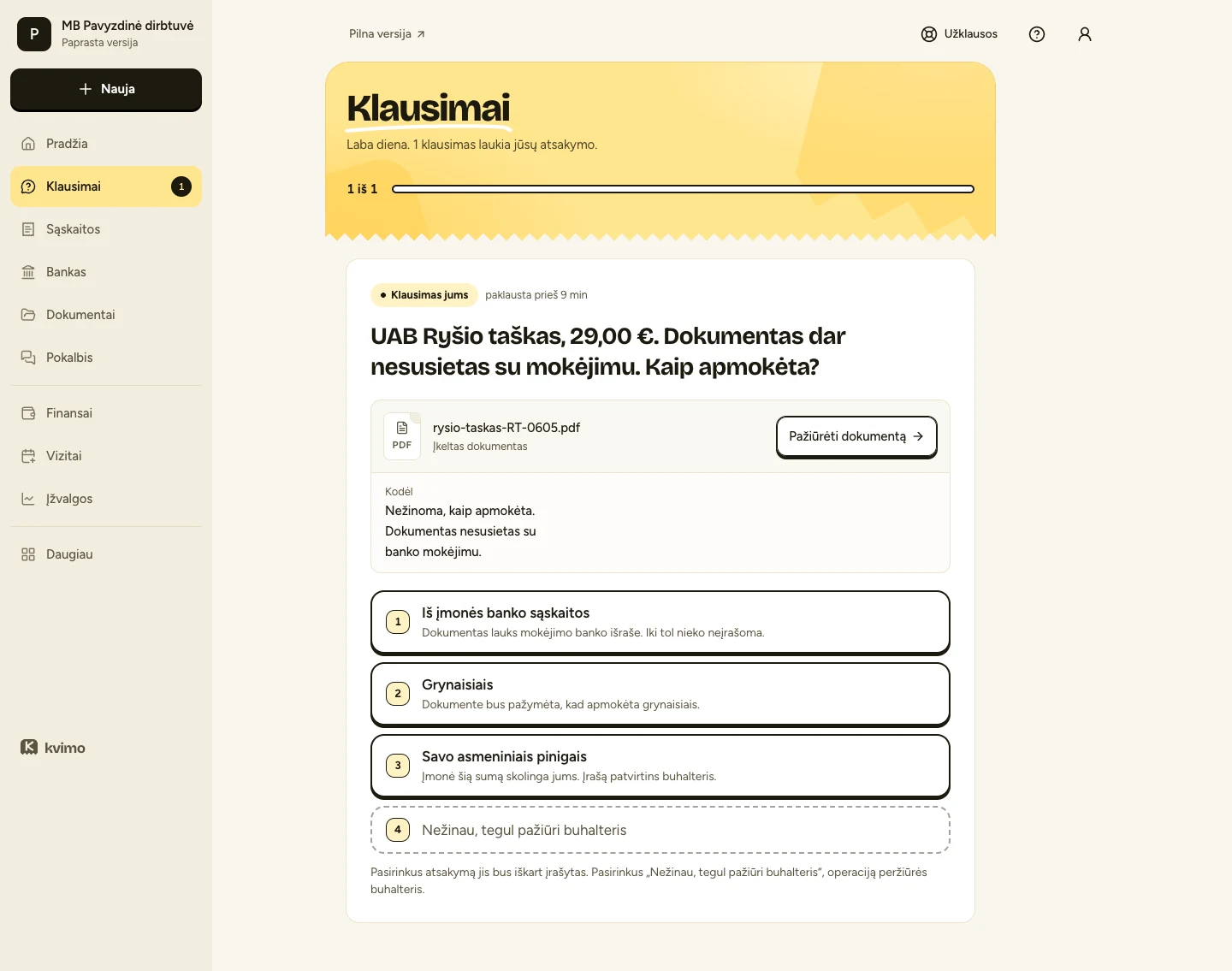 A question on the web: a supplier document not yet matched to a payment, the reason it is asking, and four plain answers including I don't know