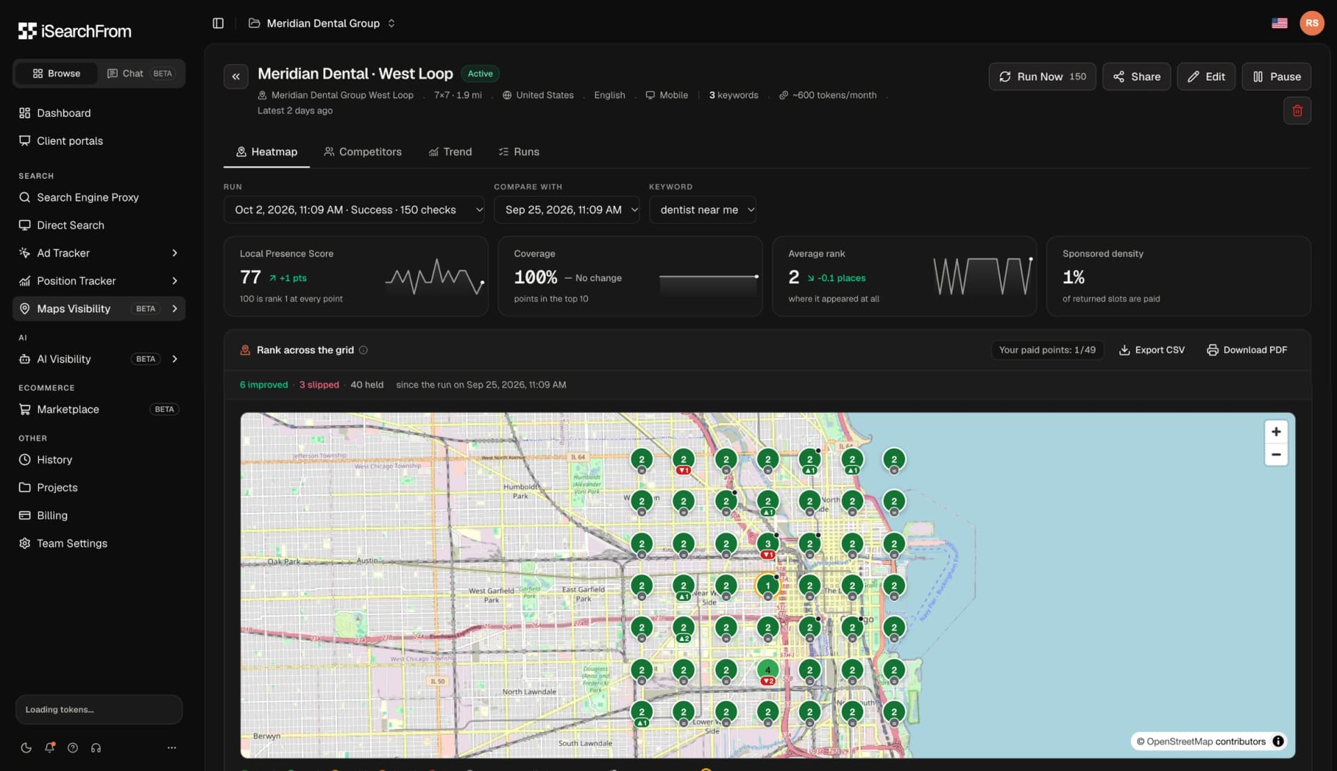 Maps Visibility: a 7×7 grid of Google Maps checks around each office, compared run over run.