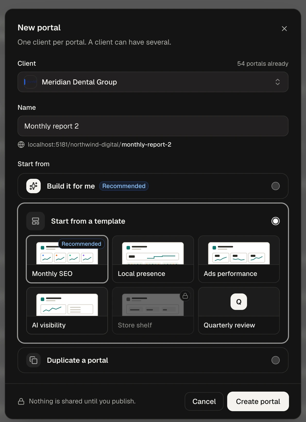 New portal: build it from tracked data, start from a goal template, or duplicate.