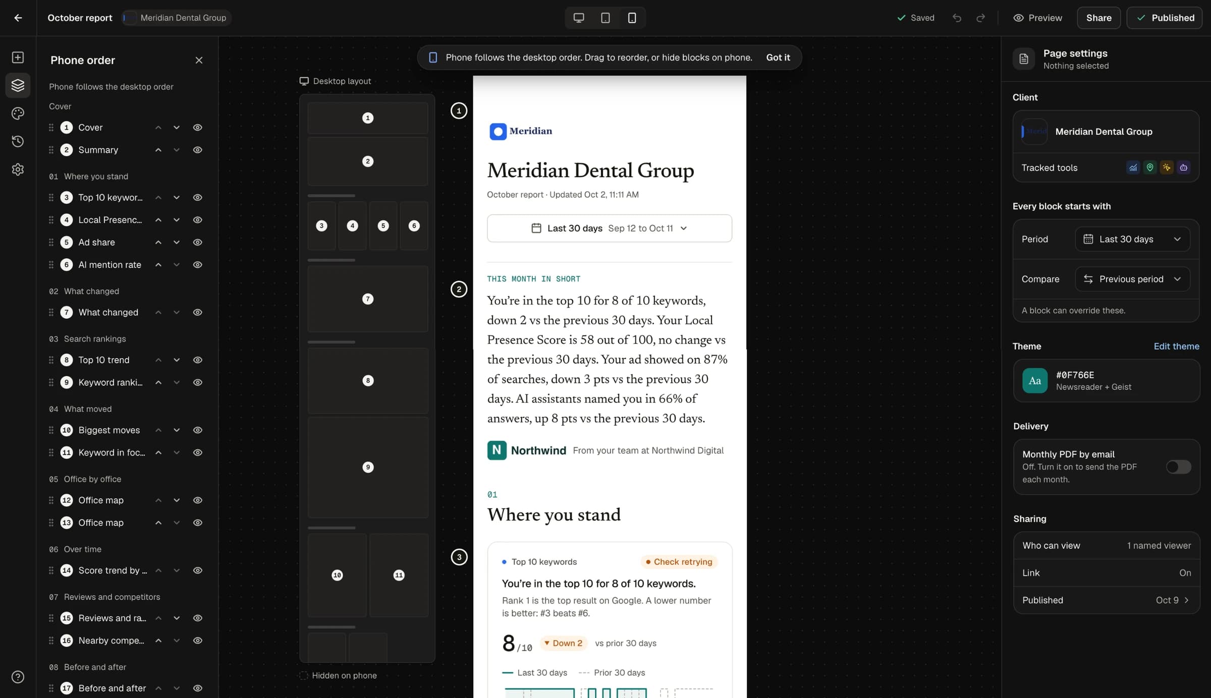 Phone order: reorder or hide blocks on phone without touching the desktop grid.